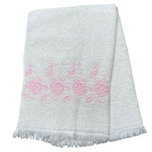 Vintage Dundee Pink‎ Embroidered Rose White Cotton Hand Towel USA Cottage
